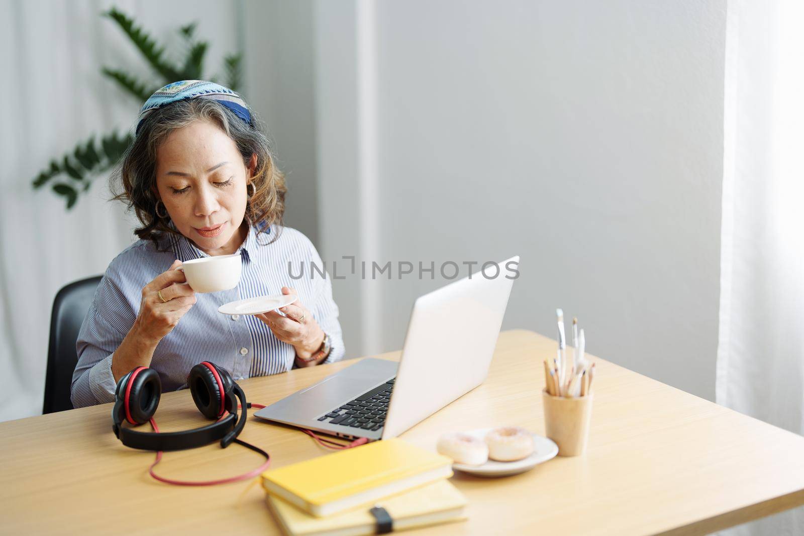 relax time, Portrait of an elderly woman listening to music happily to relax between computer sessions.