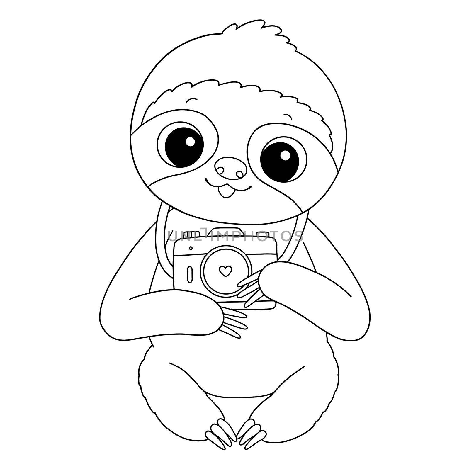 Cute baby sloth with blue yellow camera summer coloring page illustration