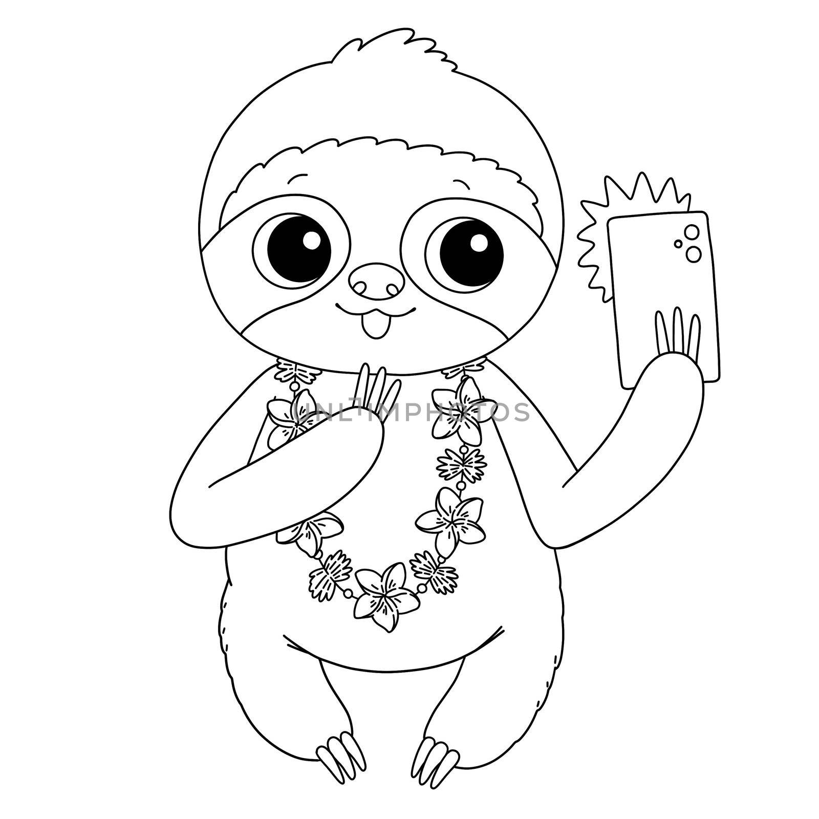 Cute sloth with hawaiian flowers and phone doing selfie summer coloring page illustration