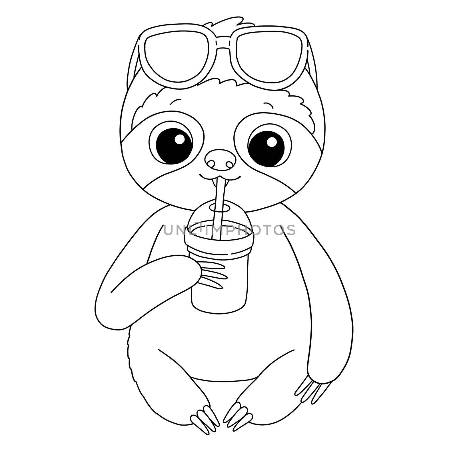 Sloth in sun glasses with smoothie drink summer coloring page illustration