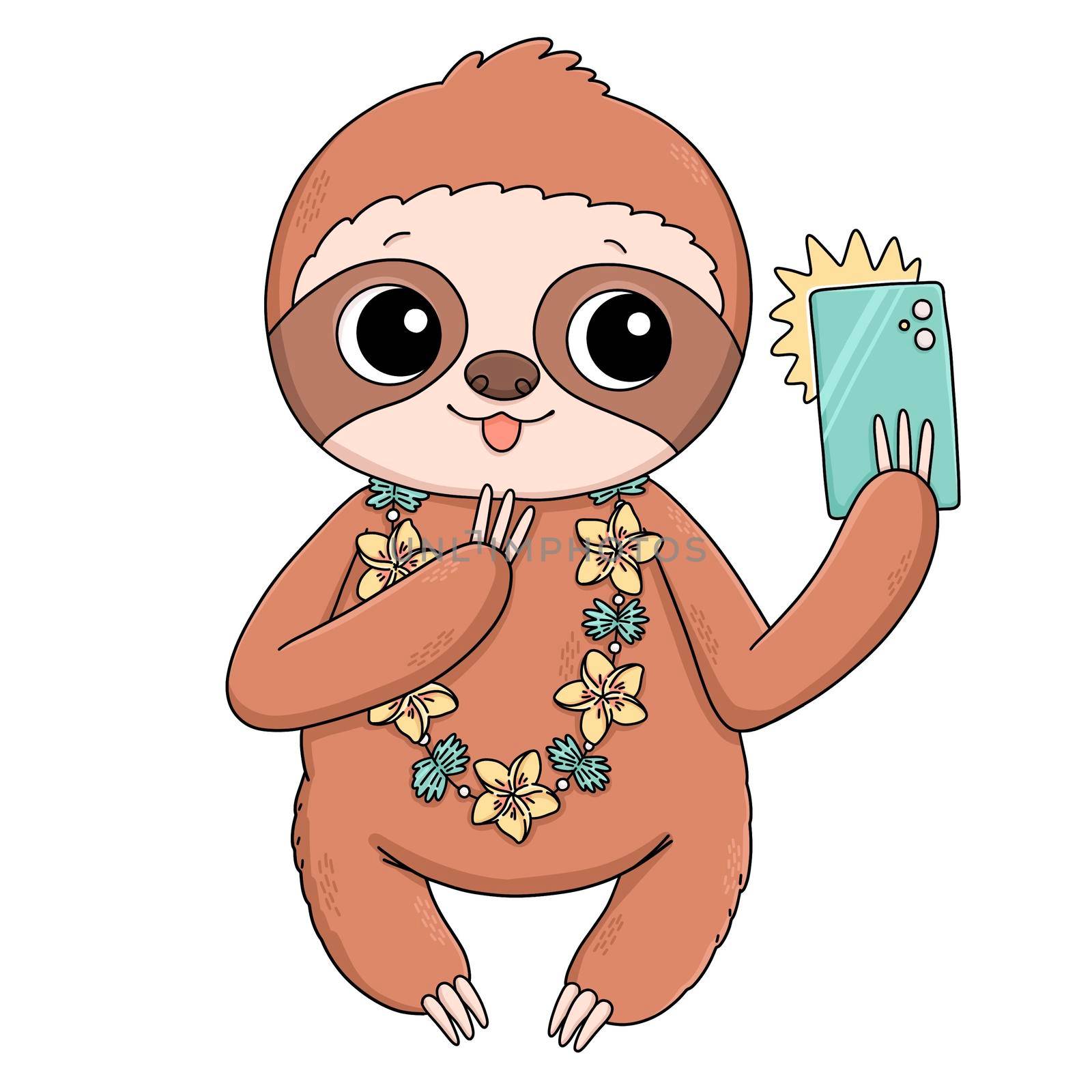 Cute sloth with hawaiian flowers and phone doing selfie summer illustration
