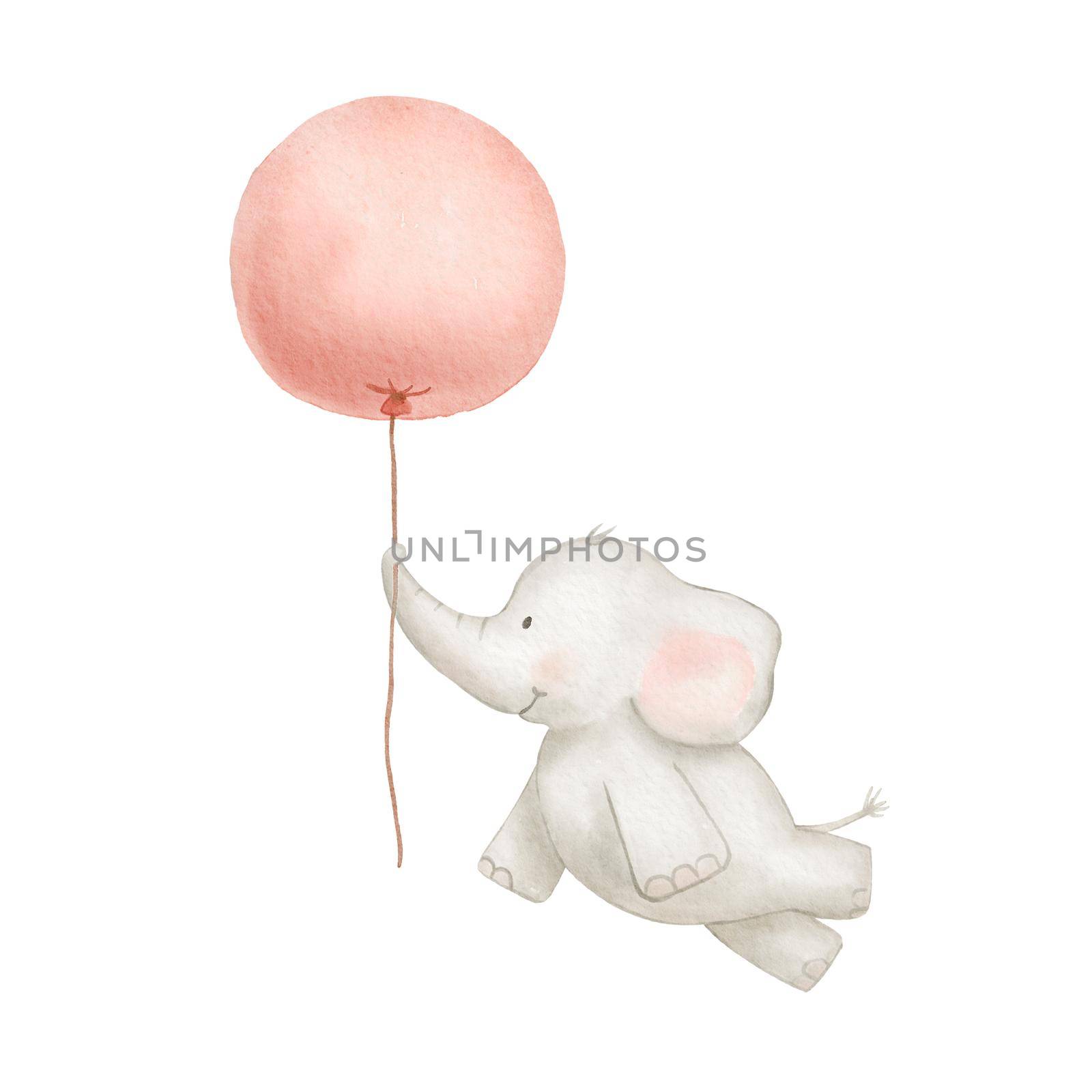 Cute baby elephant flying with red balloon. Watercolor drawing isolated on white background