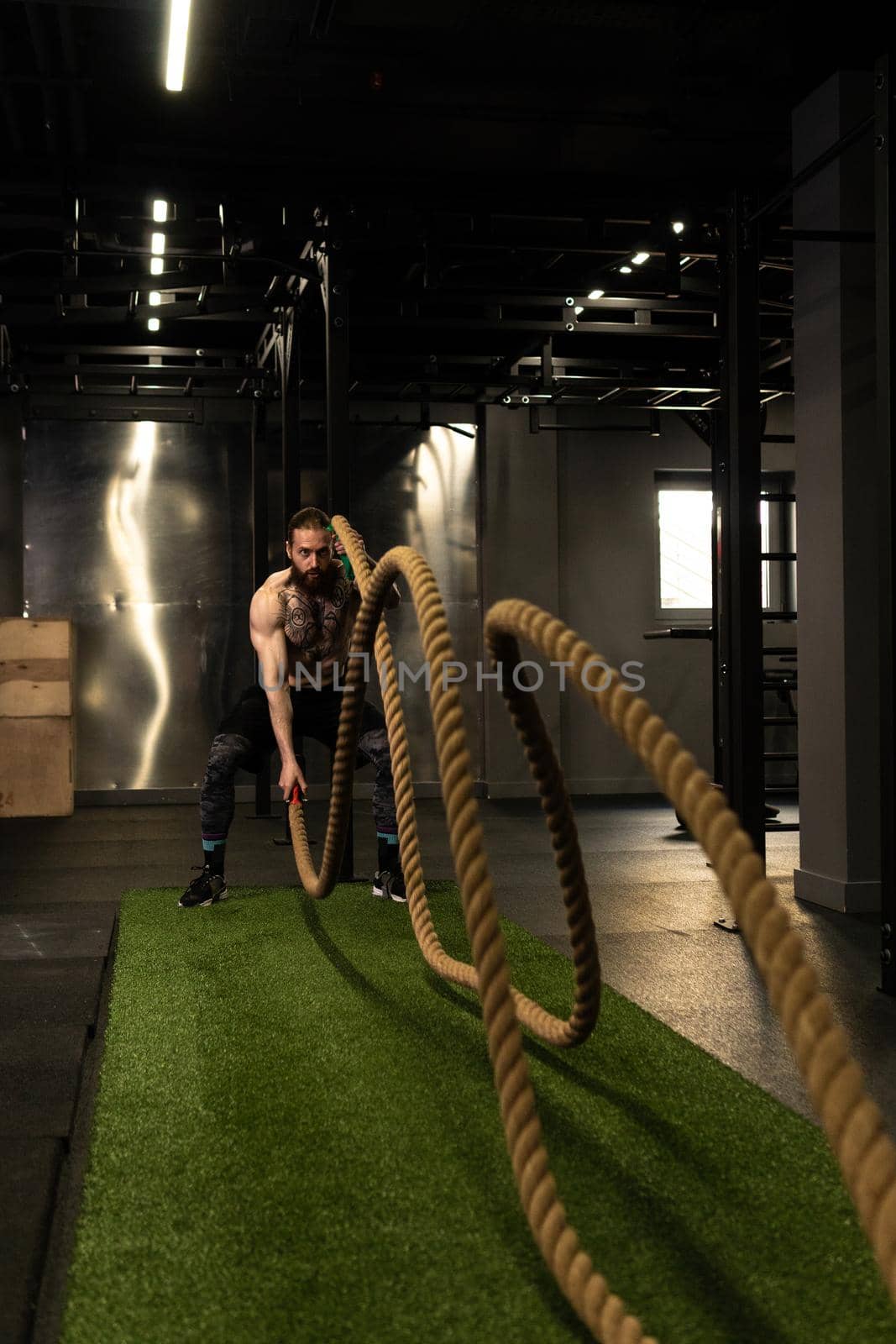 Rope fitness man training gym beard battle fit strength workout, for active body from effort from person working, bodybuilder energy. Weight beautiful battling, men