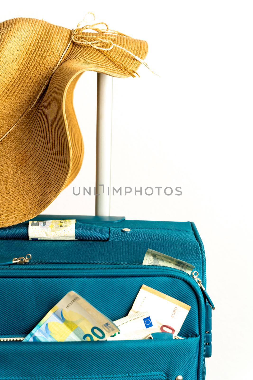 travel suitcase, hat and ticket isolated on white background. by Mareno