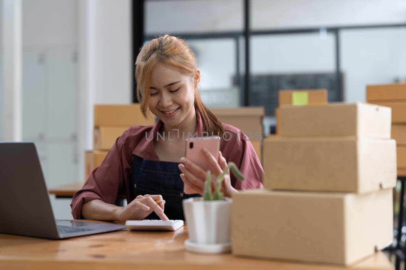 Asian woman owned business SME entrepreneur of Young Asian women working with Boxs laptop and phone for Online seller shopping at home, online marketing packaging delivery SME e-commerce concept.