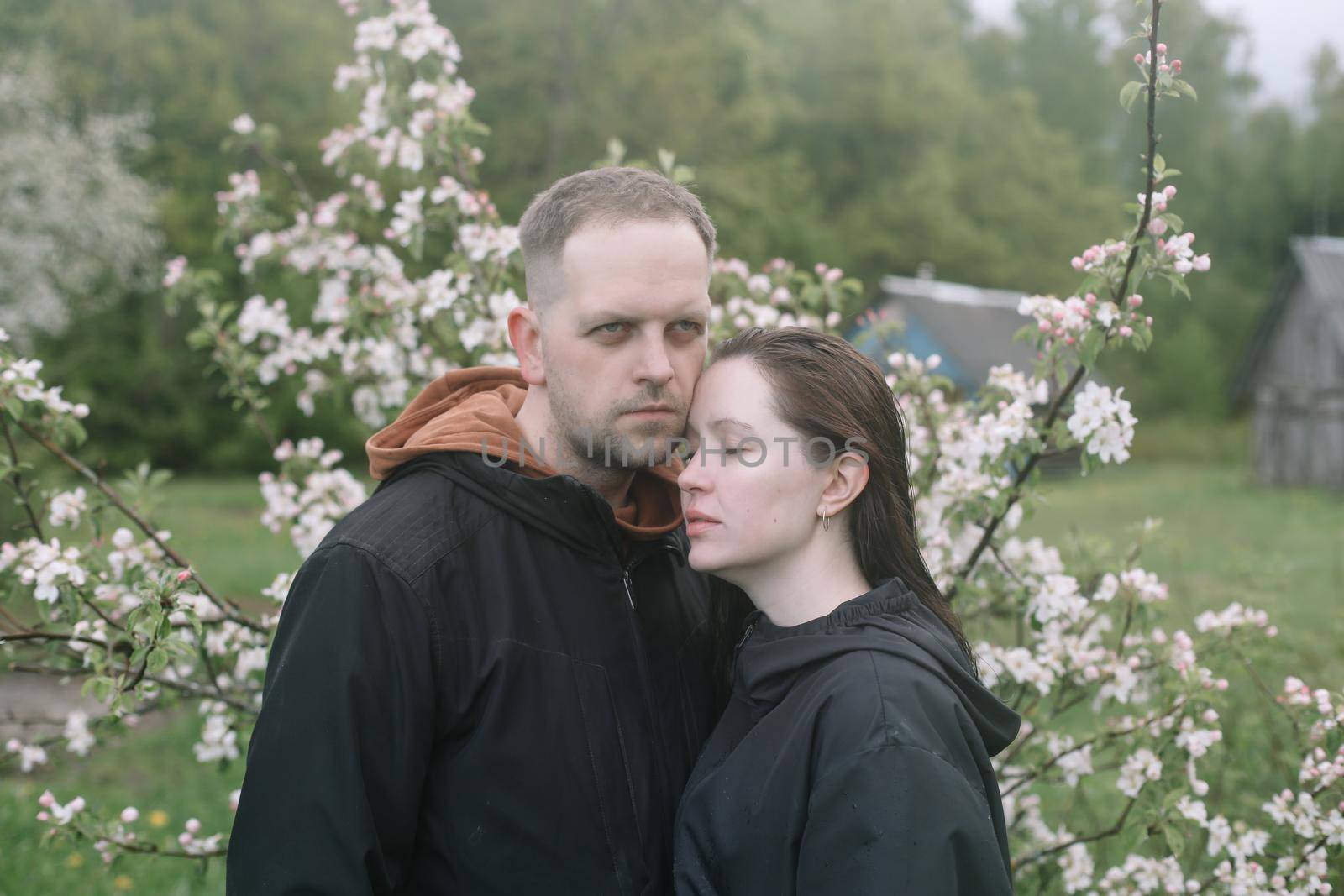 Sensual woman and man in cherry bloom. Couple in love in blossoming garden in spring. Love and romance, relationship, happy family outdoors.