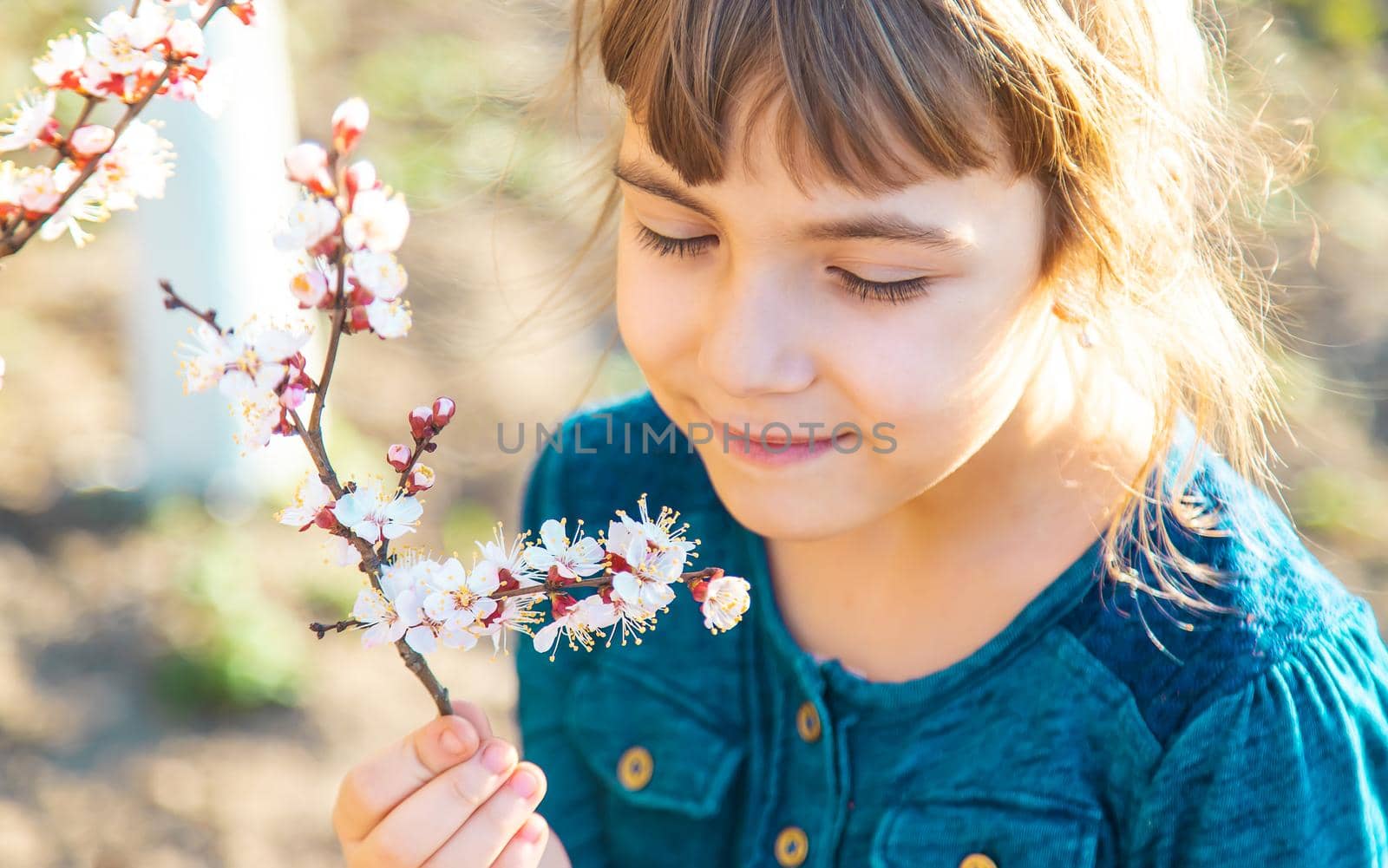 A child in the garden of flowering trees. Selective focus. Nature.