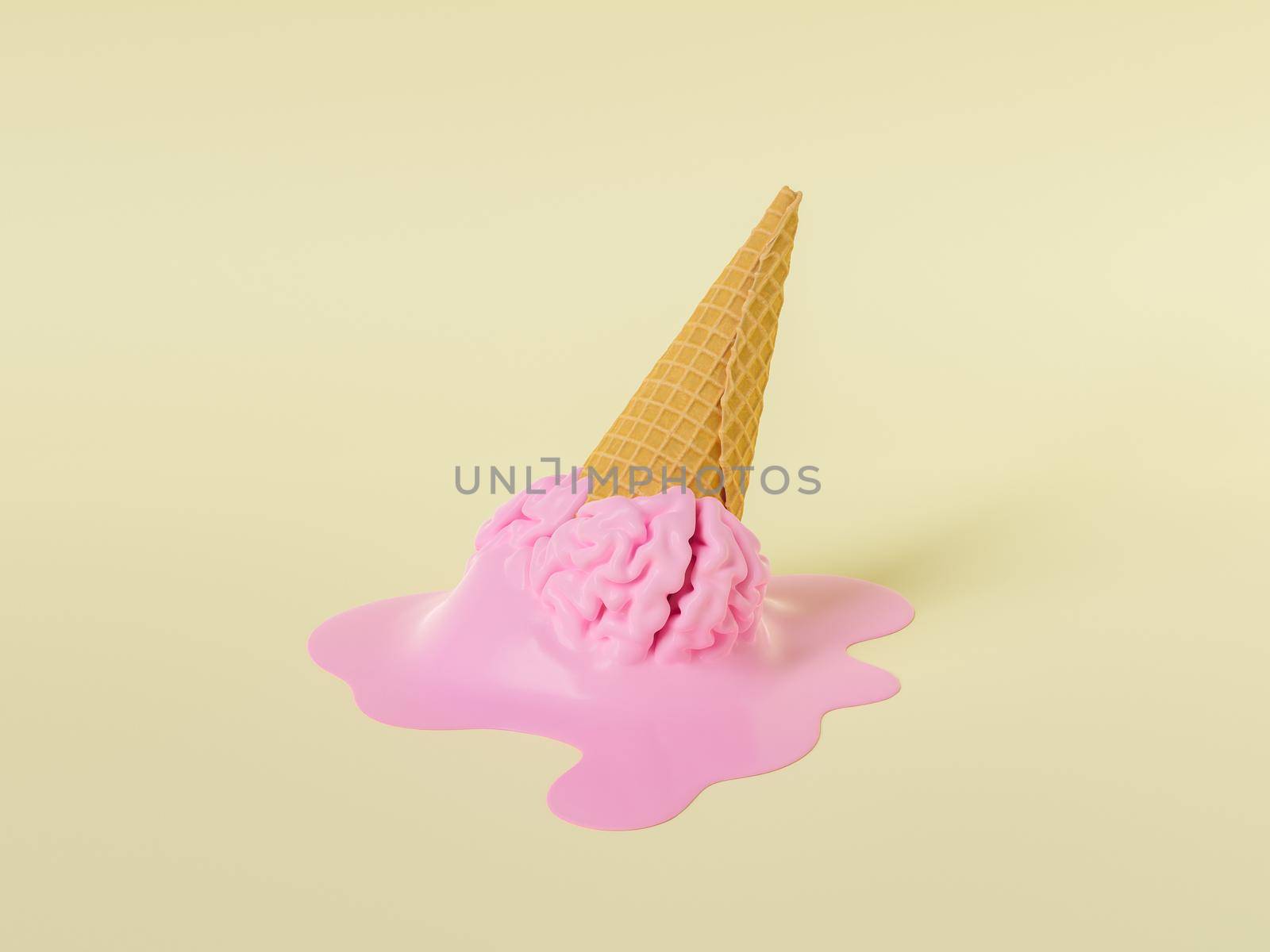 Pink melted gelato in waffle cone fallen on beige surface by asolano