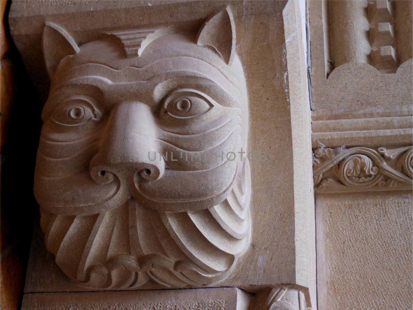 Face of a cat-like animal carved into a stone column