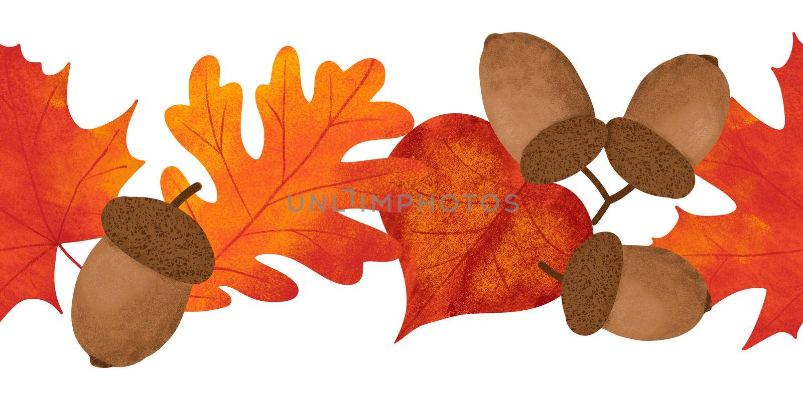 Hand drawn fall autumn seamless horizntal border with acorn forest wood grass leaves. Woodland frame in red orange yellow. Decorative ornament illustration