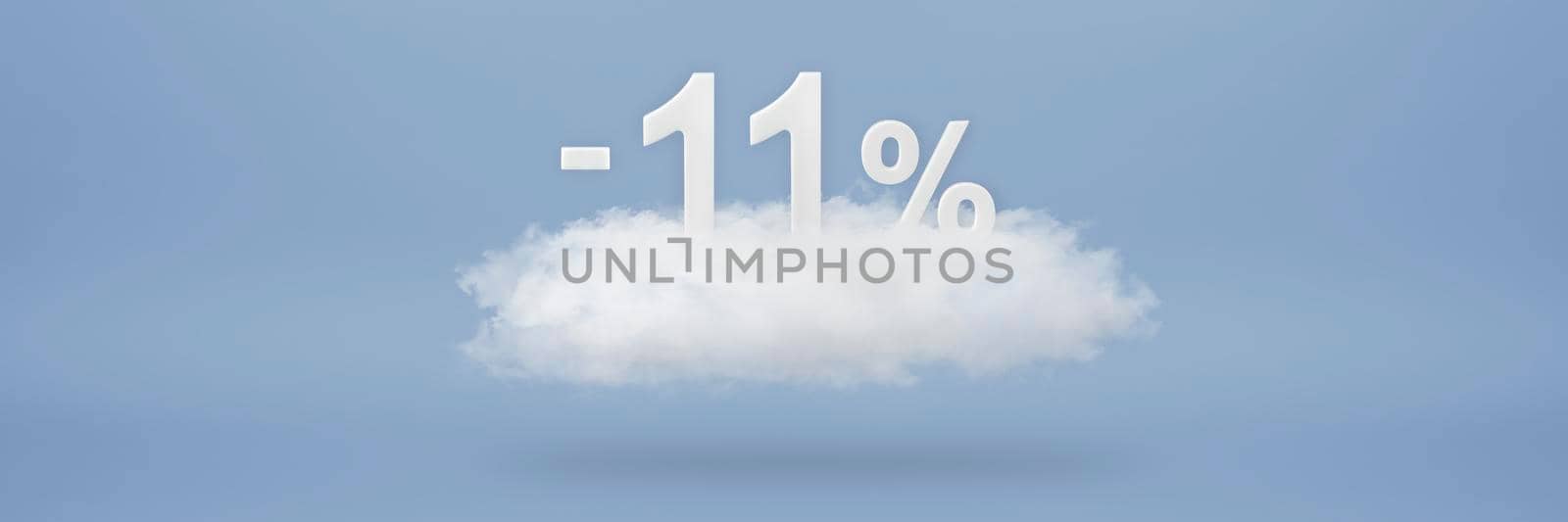 Discount 11 percent. Big discounts, sale up to eleven percent. 3D numbers float on a cloud on a blue background. Copy space. Advertising banner and poster to be inserted into the project.