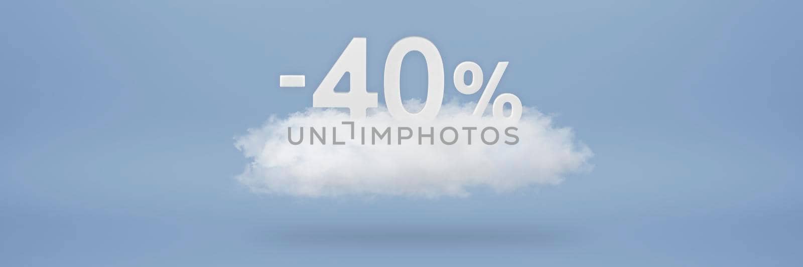 Discount 40 percent. Big discounts, sale up to forty percent. 3D numbers float on a cloud on a blue background. Copy space. Advertising banner and poster to be inserted into the project by SERSOL