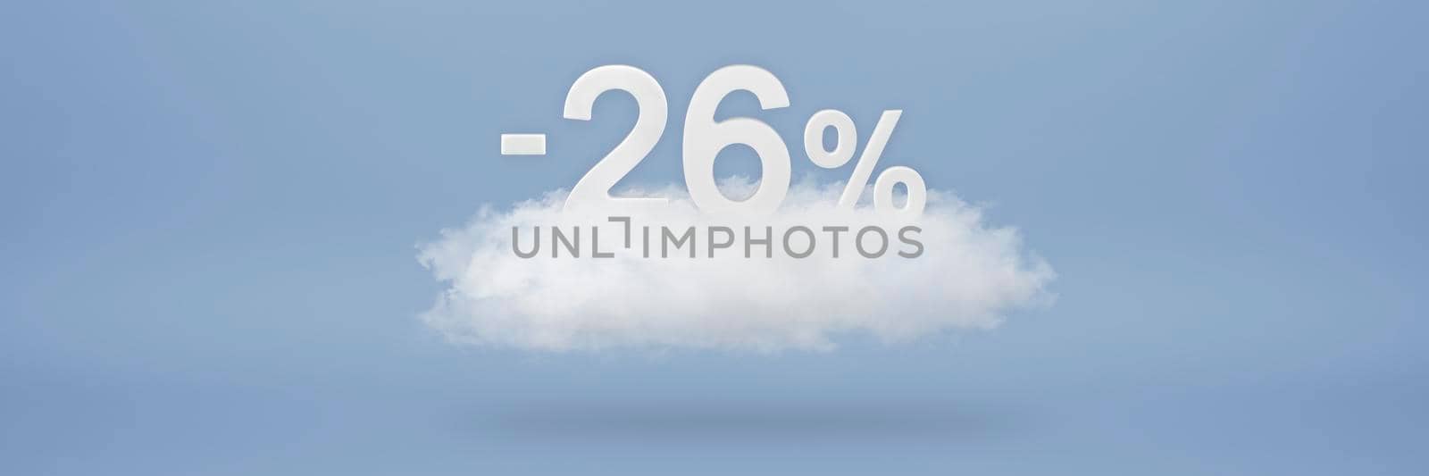 Discount 26 percent. Big discounts, sale up to twenty six percent. 3D numbers float on a cloud on a blue background. Copy space. Advertising banner and poster to be inserted into the project by SERSOL