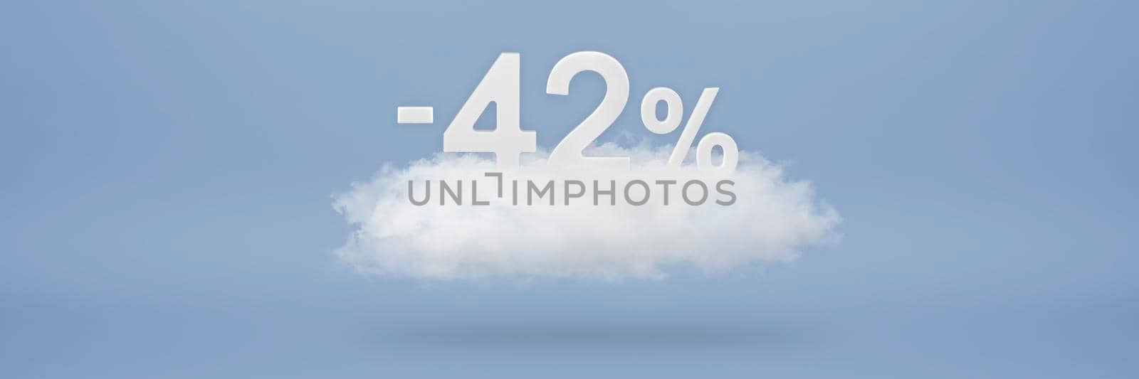 Discount 42 percent. Big discounts, sale up to forty two percent. 3D numbers float on a cloud on a blue background. Copy space. Advertising banner and poster to be inserted into the project by SERSOL