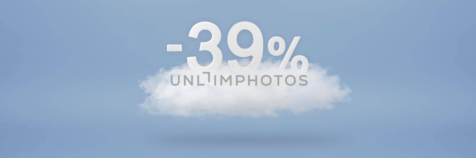 Discount 39 percent. Big discounts, sale up to thirty nine percent. 3D numbers float on a cloud on a blue background. Copy space. Advertising banner and poster to be inserted into the project.