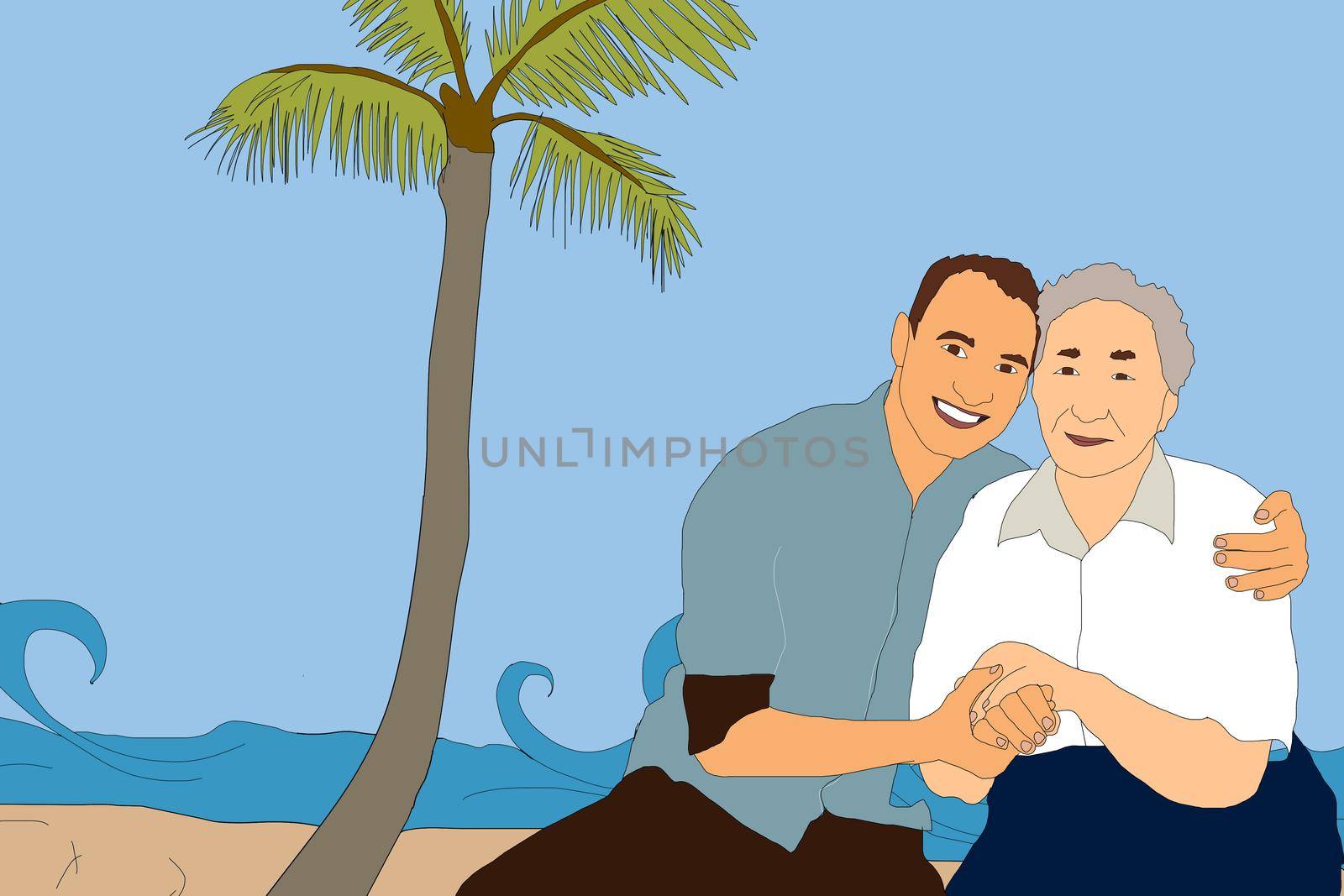 family at the beach and palm trees on background by Andelov13