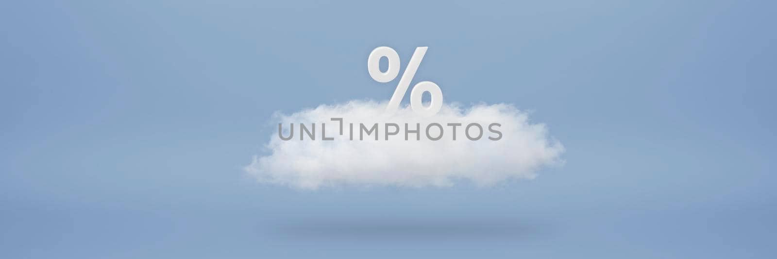 Discount percent. Big discounts, sale up to, percent. 3D numbers float on a cloud on a blue background. Copy space. Advertising banner and poster to be inserted into the project.