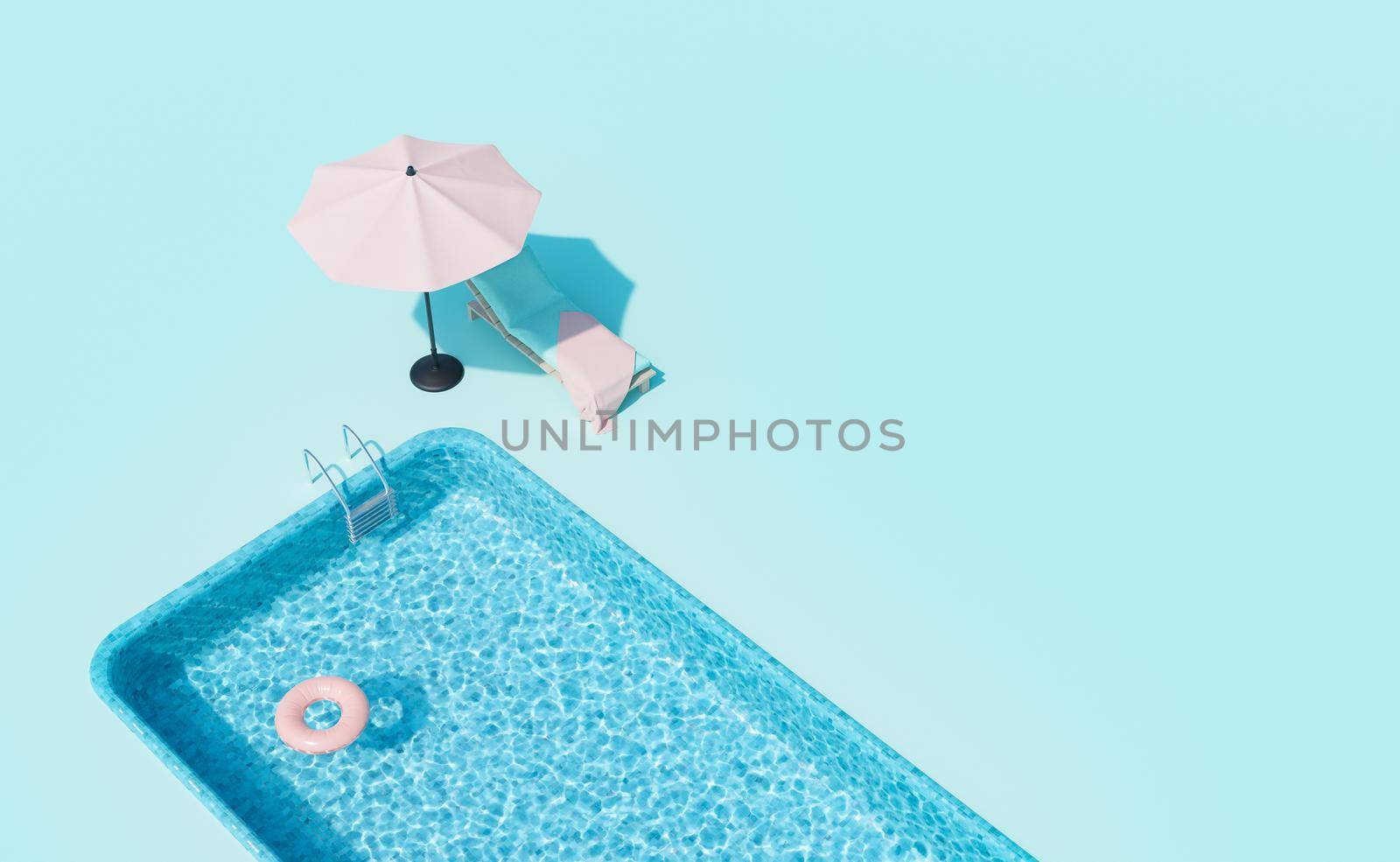 From above 3D rendering of comfortable sunbed wit umbrella placed near outdoor swimming pool with floating ring against blue background