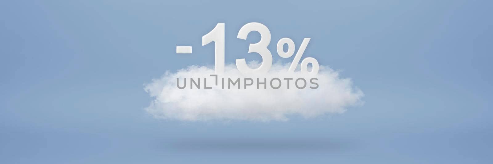 Discount 13 percent. Big discounts, sale up to thirteen percent. 3D numbers float on a cloud on a blue background. Copy space. Advertising banner and poster to be inserted into the project by SERSOL