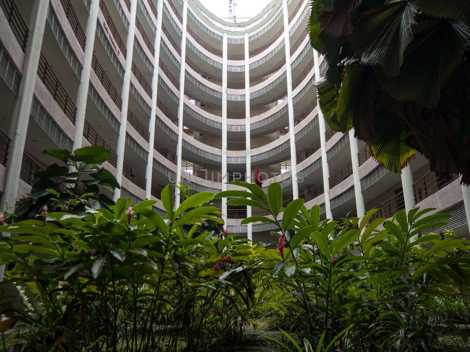 Exterior of an oval building with small area for plant and flowers