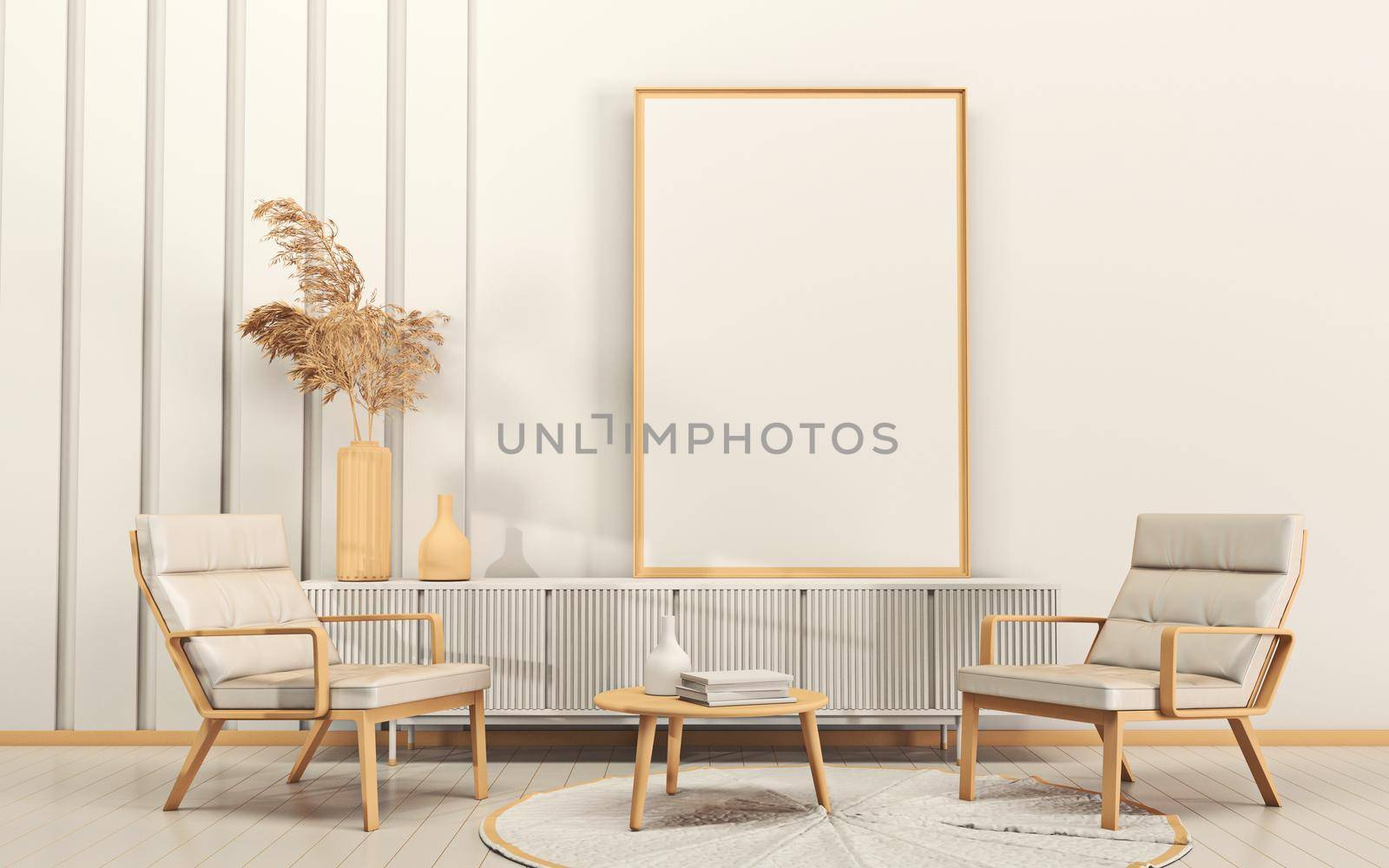 Big mock up poster frames with two retro armchairs in modern interior background 3D render 3D illustration