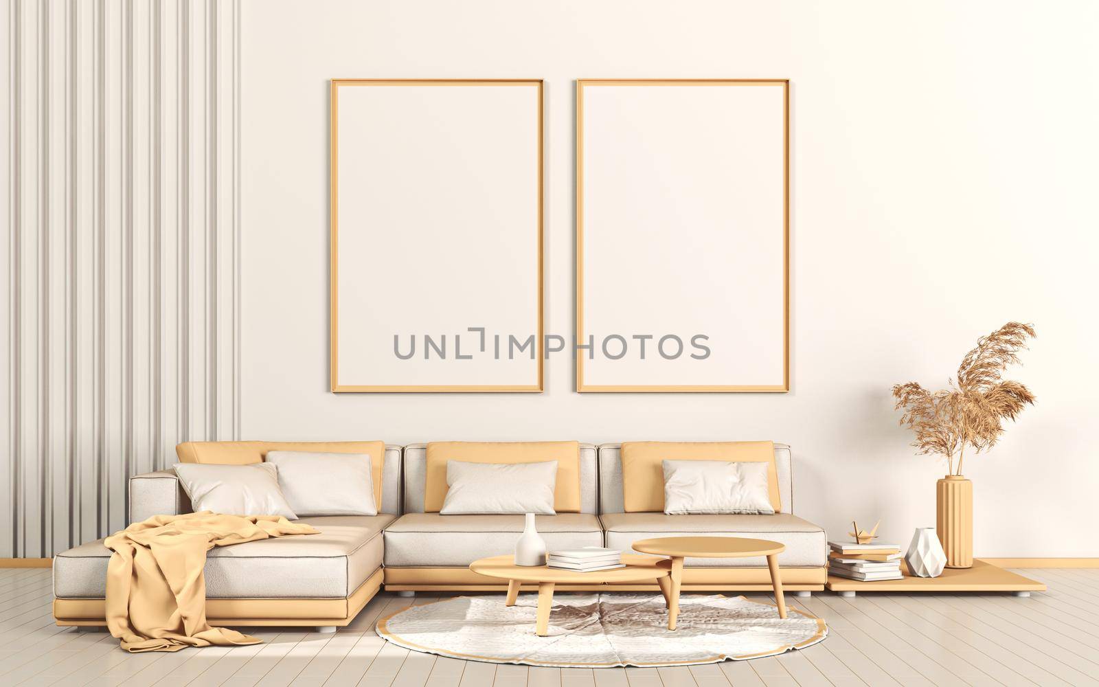 Two mock up poster frames with simple sofa and decorations in modern interior background 3D render 3D illustration