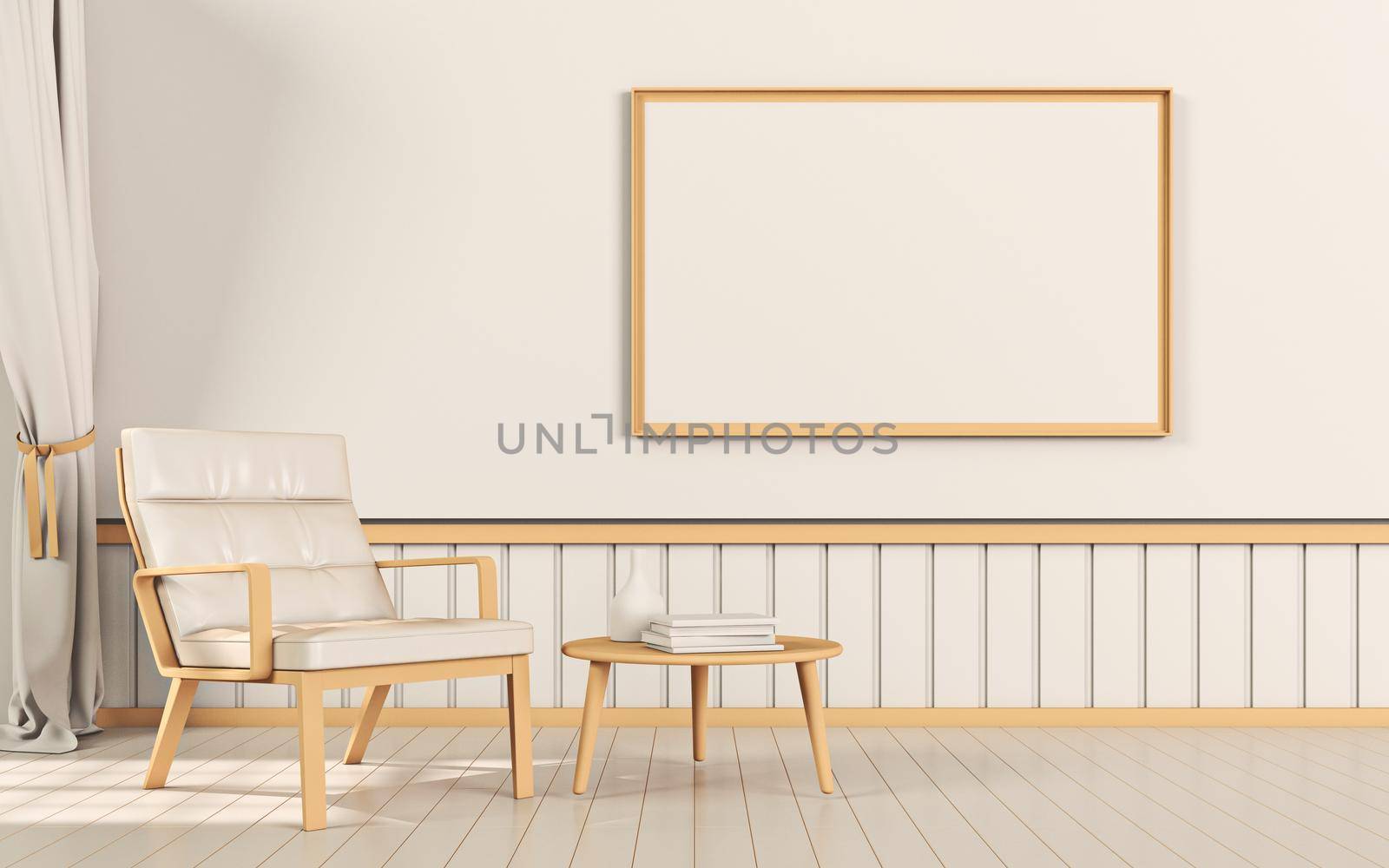 Mock up poster frames with minimal armchairs and notebooks in modern interior background 3D render 3D illustration