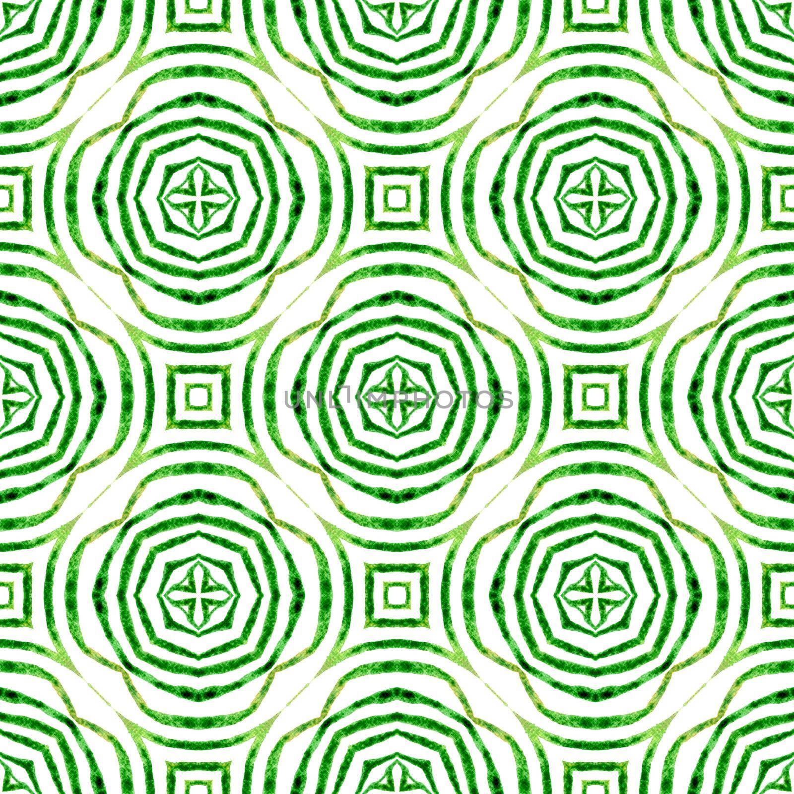 Textile ready superb print, swimwear fabric, wallpaper, wrapping. Green pleasant boho chic summer design. Watercolor ikat repeating tile border. Ikat repeating swimwear design.