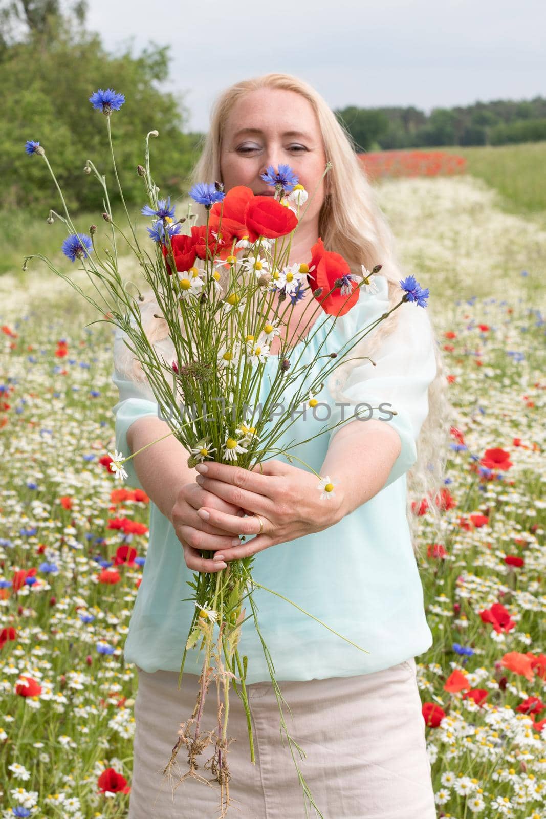 beautiful middle-aged blonde woman stands among a flowering field of poppies by KaterinaDalemans