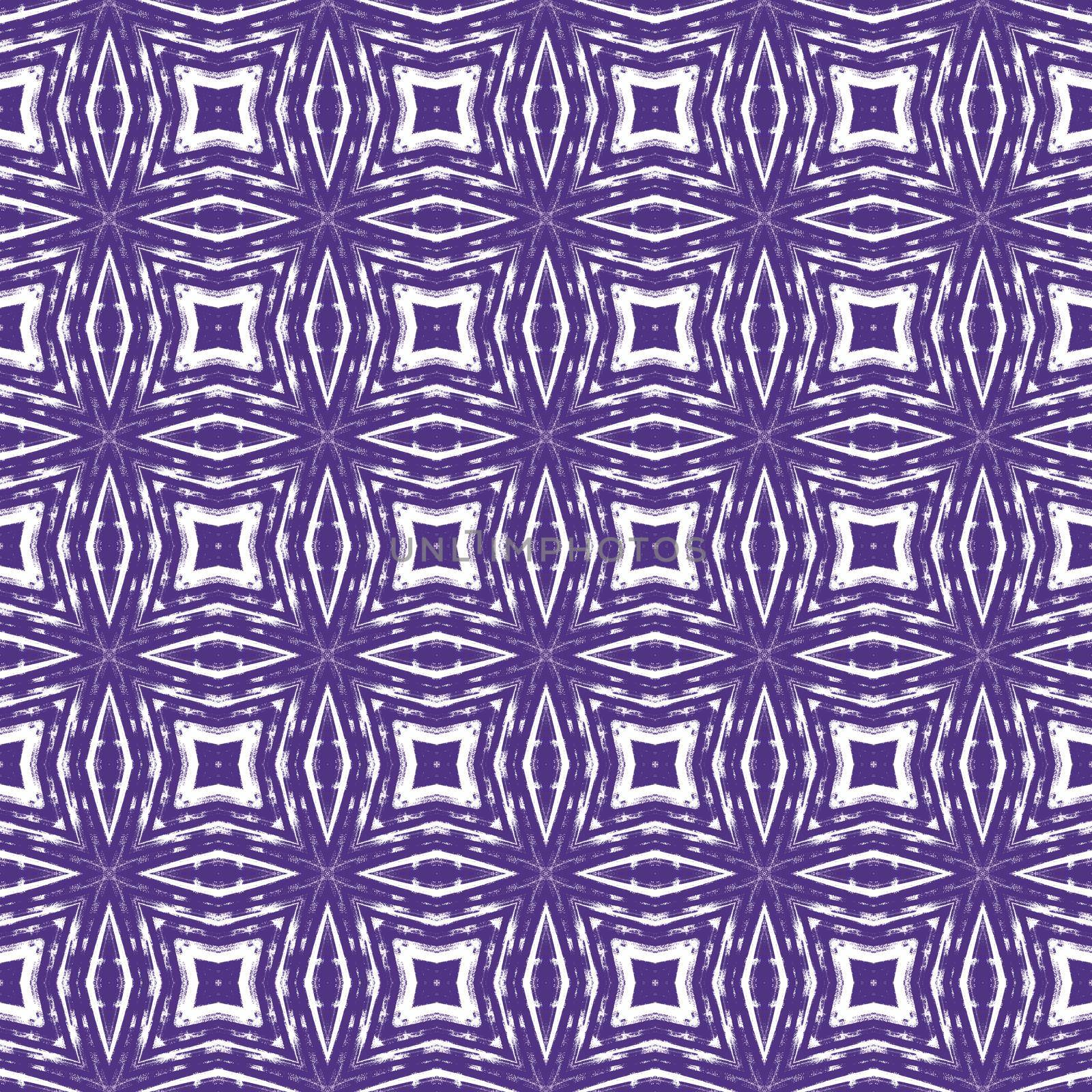 Ikat repeating swimwear design. Purple symmetrical kaleidoscope background. Summer ikat sweamwear pattern. Textile ready classy print, swimwear fabric, wallpaper, wrapping.