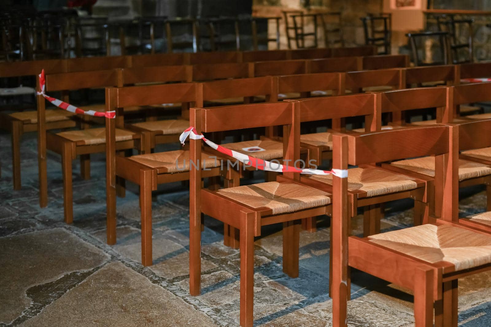 A church with empty seats during the coronavirus pandemic Covid-19.