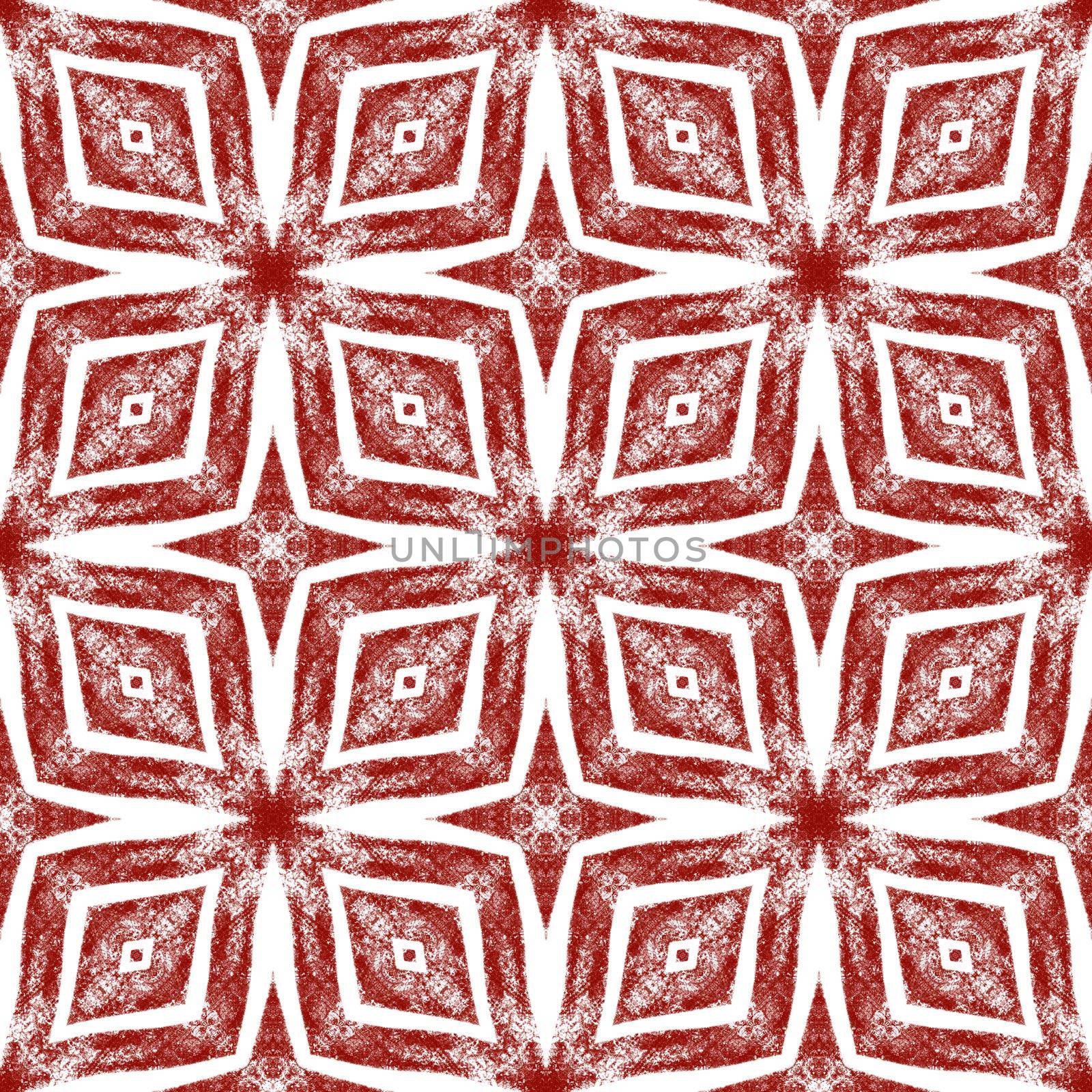 Tiled watercolor pattern. Wine red symmetrical kaleidoscope background. Textile ready quaint print, swimwear fabric, wallpaper, wrapping. Hand painted tiled watercolor seamless.