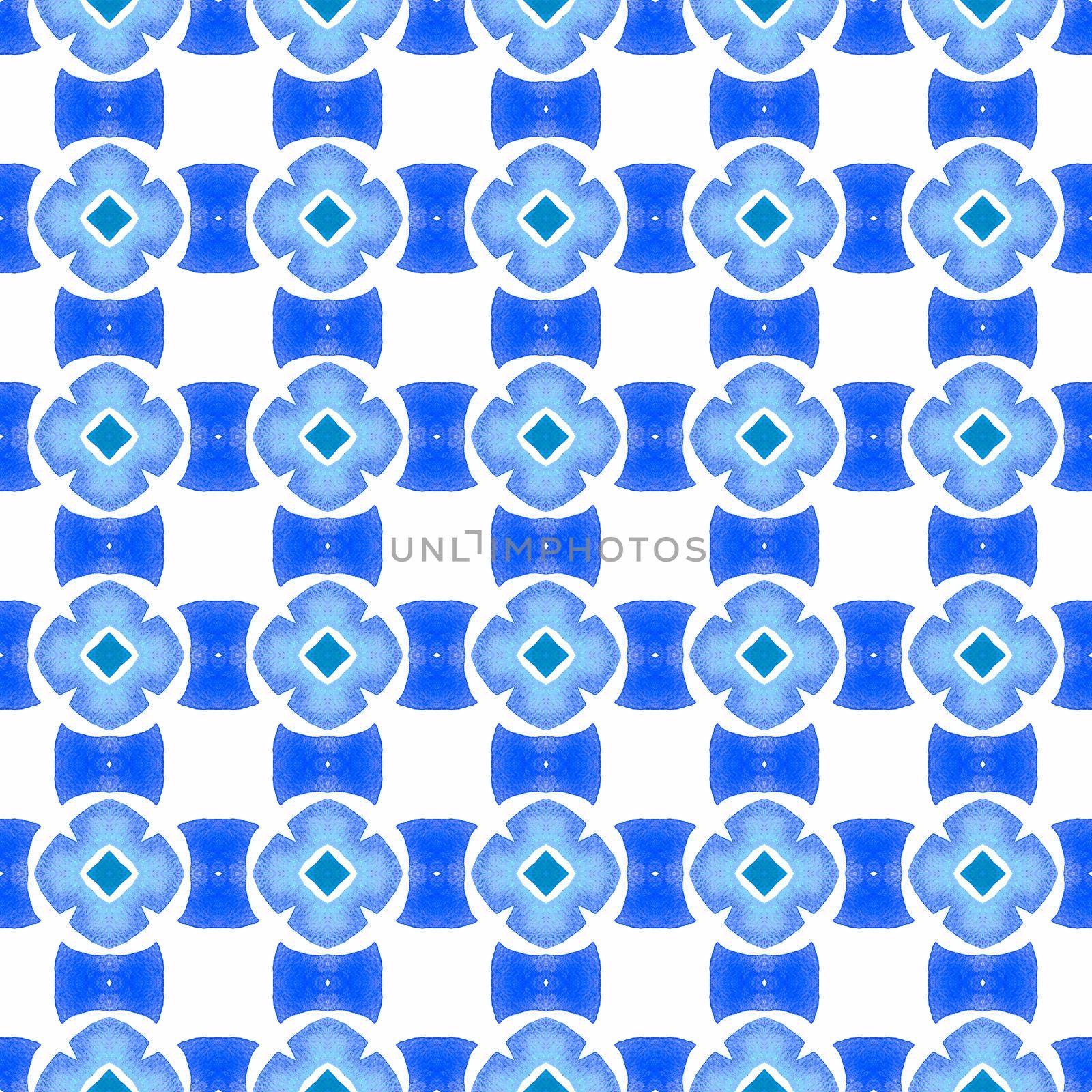 Tiled watercolor background. Blue beautiful boho chic summer design. Textile ready exquisite print, swimwear fabric, wallpaper, wrapping. Hand painted tiled watercolor border.