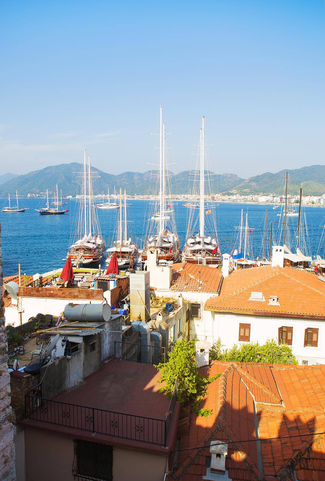 Turkey: view from the castle of the sea and the city of Marmaris. Marmaris Castle is a popular tourist attraction in Turkey.