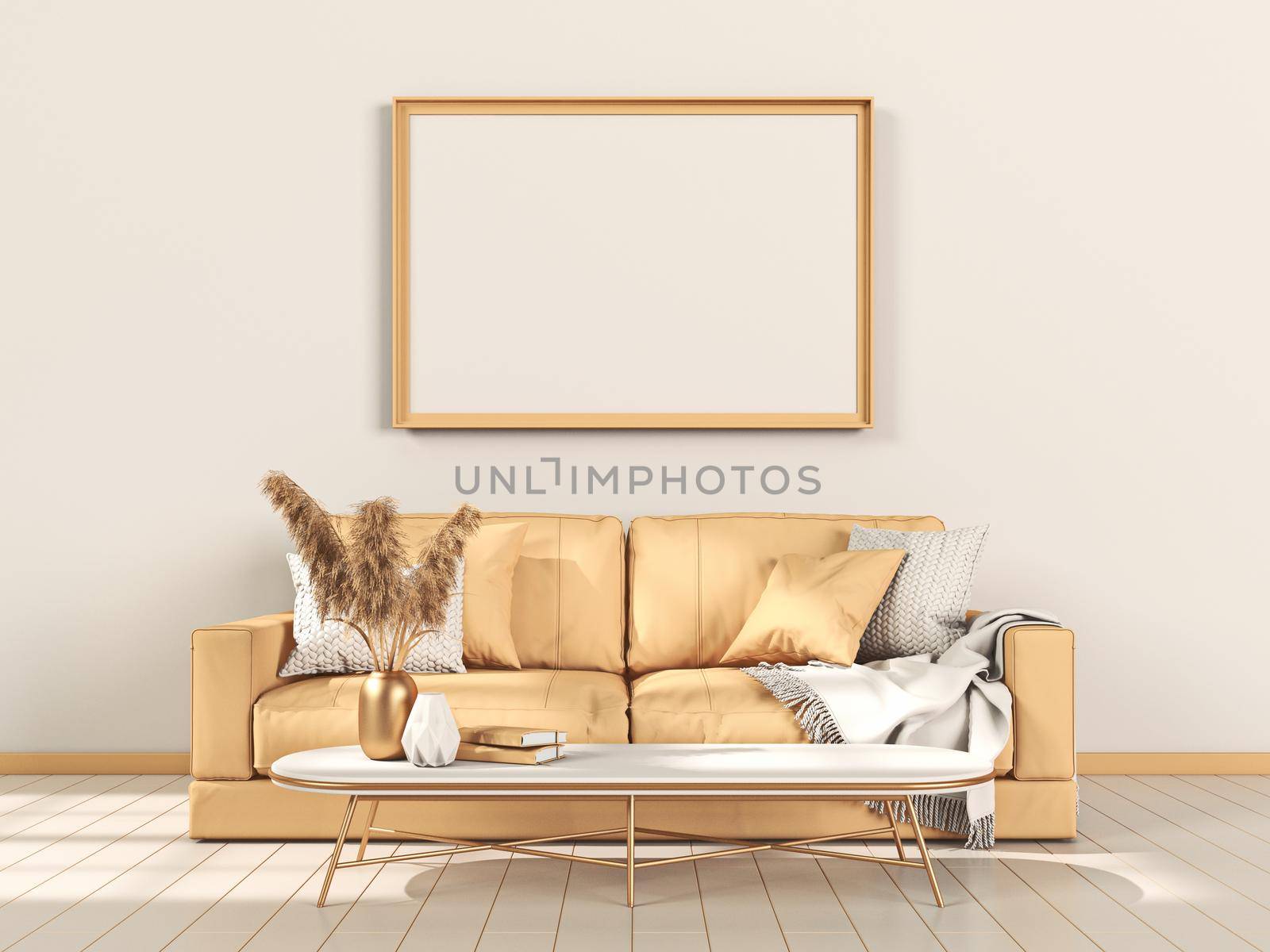 Mock up poster frames with brown sofa in modern interior background 3D render 3D illustration