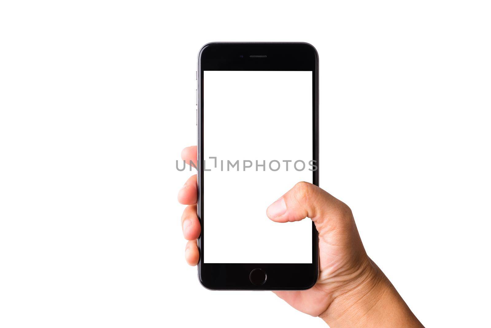 Woman hand holding a smartphone blank white screen. Female holds the modern mobile phone on hands studio shot isolated on over white background with clipping mask path on the phone and screen