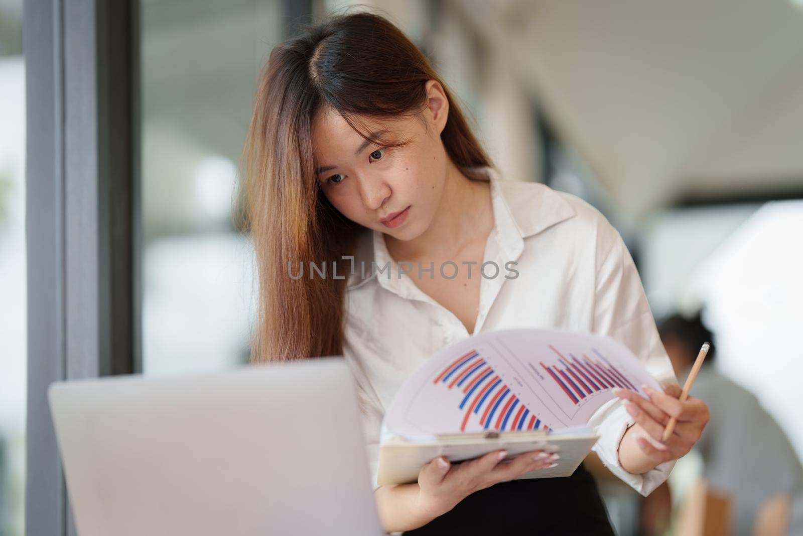 Business Finance audit tax Concept. Portrait of Asian happy Businesswoman working at office