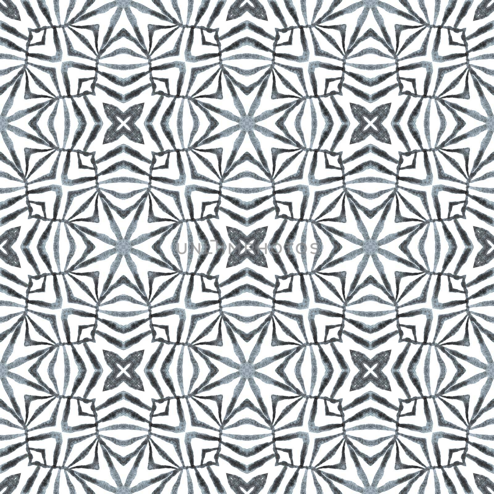 Watercolor medallion seamless border. Black and white mind-blowing boho chic summer design. Medallion seamless pattern. Textile ready captivating print, swimwear fabric, wallpaper, wrapping.