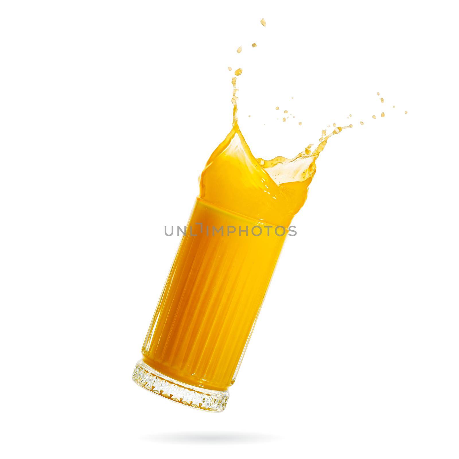 orange juice splash isolated on white. glass of splashing orange juice. close up. stock photo by PhotoTime