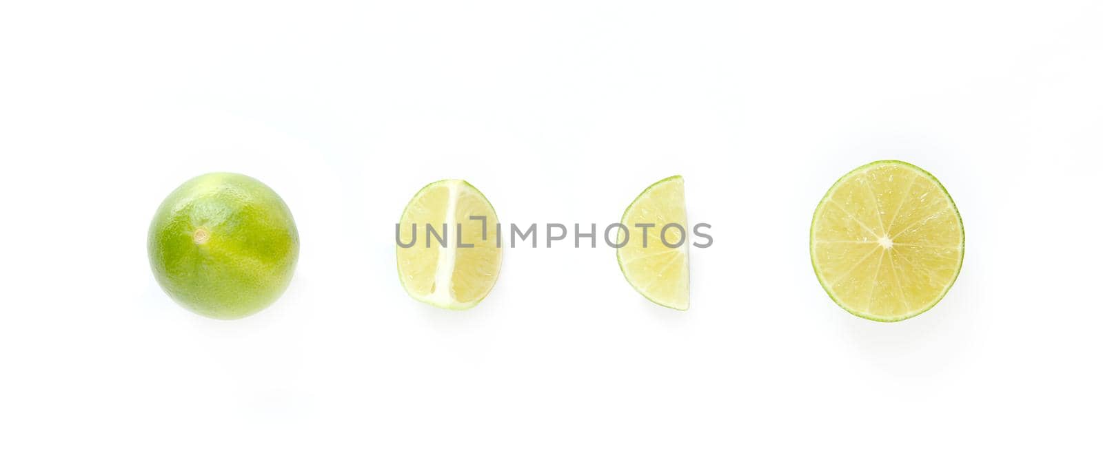 Set of green lime fruit on white background, isolated.