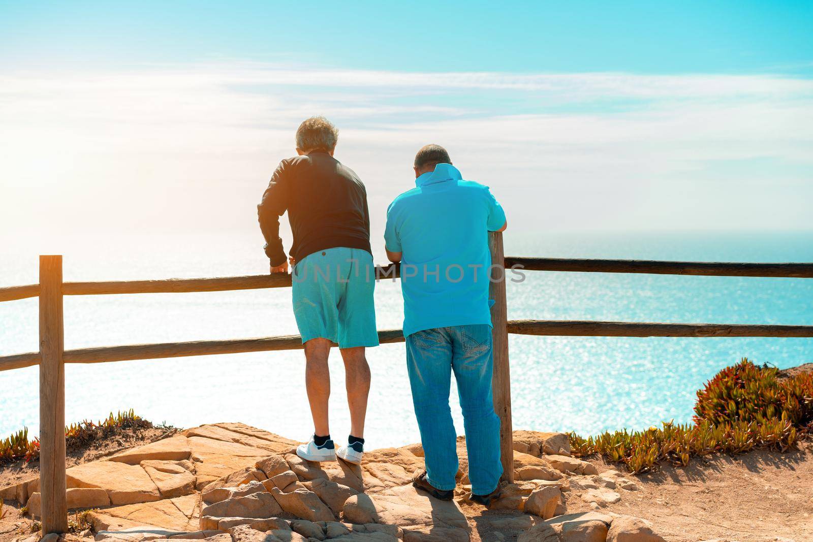 Father and son lean on fence near ocean looking on horizon rear view. Generation concept. Senior father and adult sun walking seaside together. Elderly man with friend outdoor.