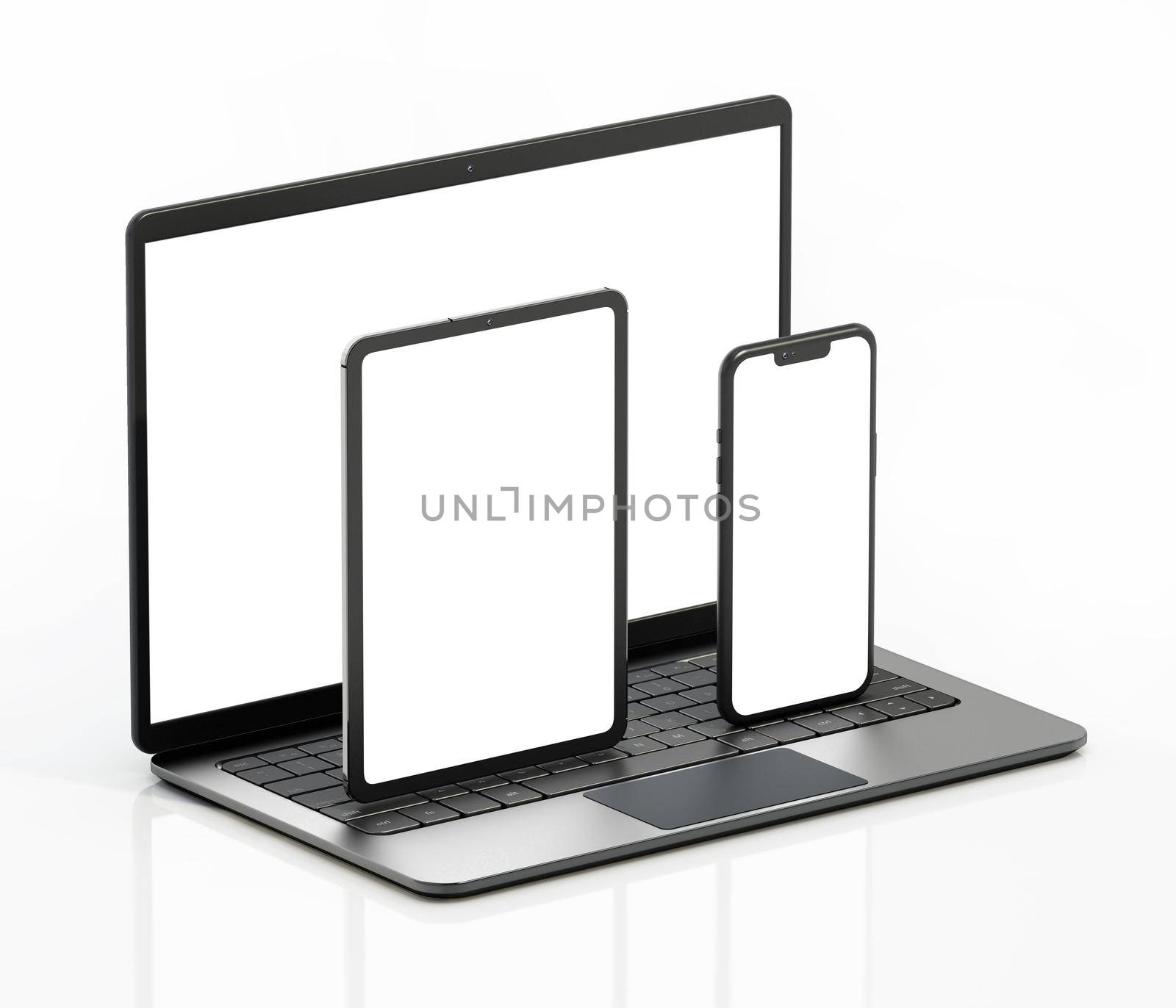 Laptop computer, smartphone and tablet computer isolated on white background. 3D illustration by Simsek