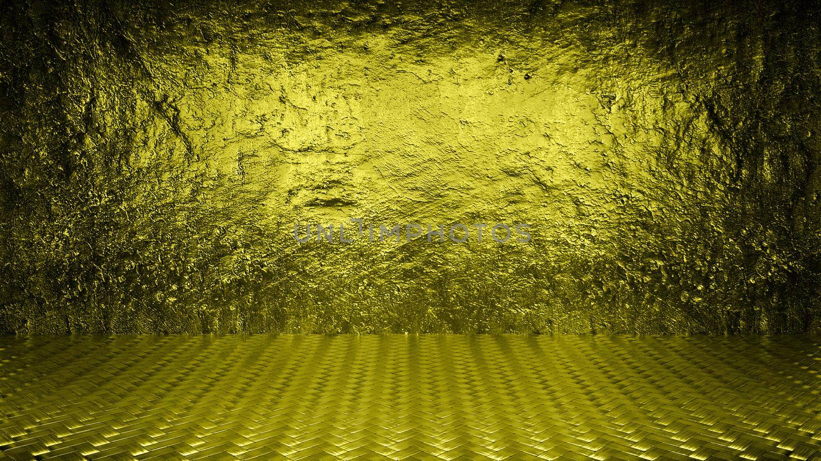 Dark room with gold metal background. 3d rendering