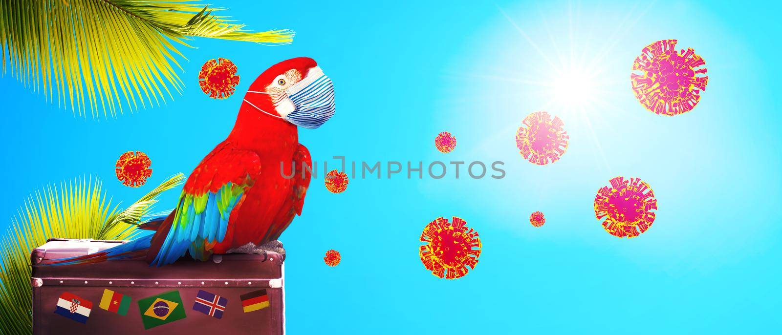 Macaw parrot with medical mask on vacation by Taut