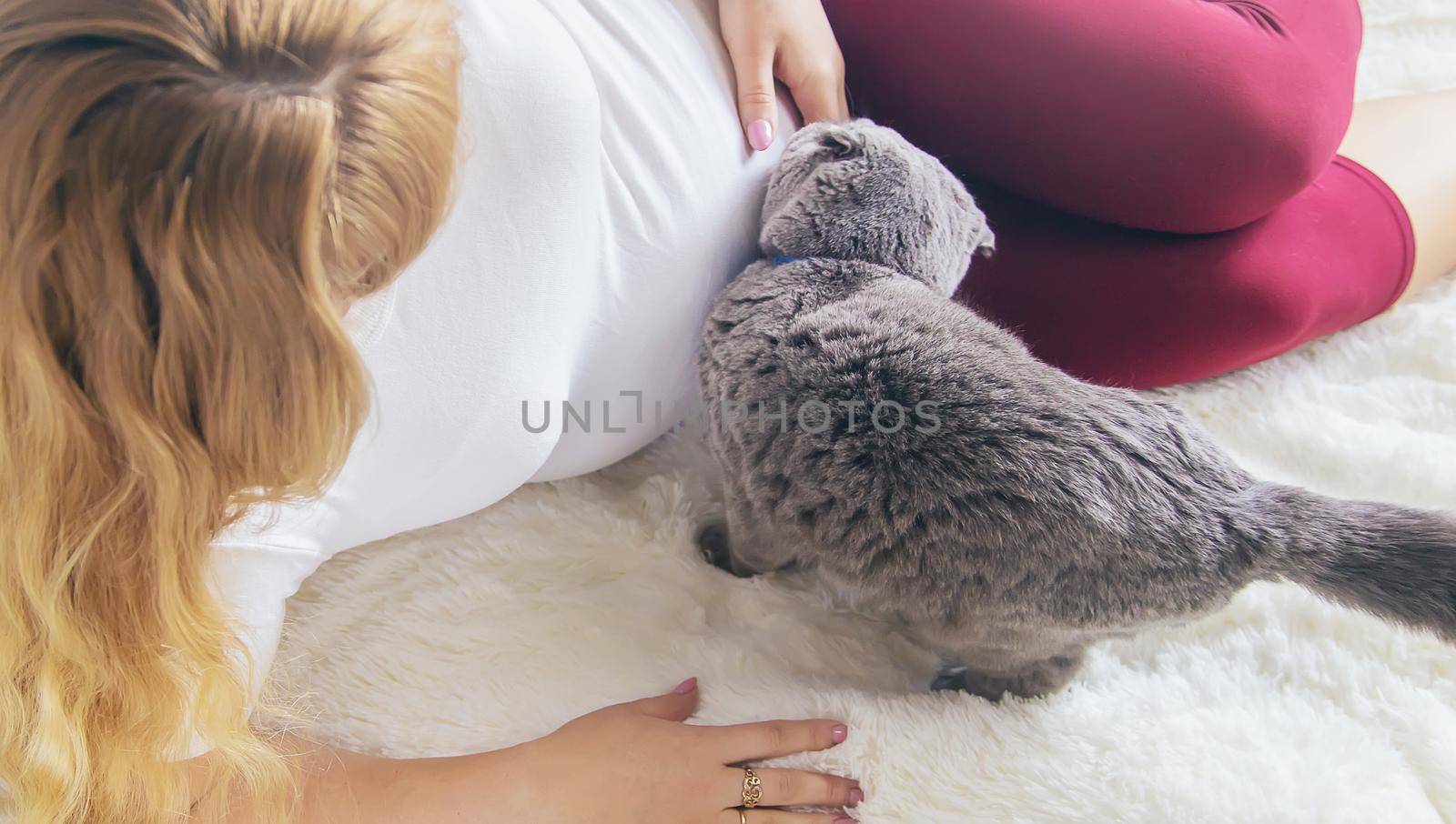 A pregnant woman with a cat lies in bed. Selective focus. animal.