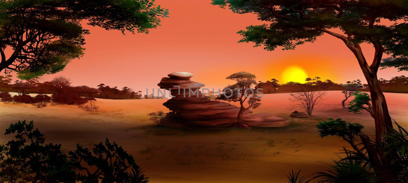 Lone rock in african landscape at sunset. Digital Painting Background, Illustration.