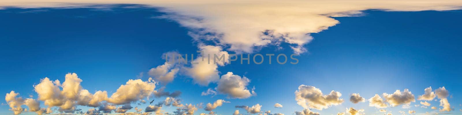 Sky panorama with Cirrus clouds in Seamless spherical equirectangular format. Full zenith for use in 3D graphics, game and editing aerial drone 360 degree panoramas for sky replacement