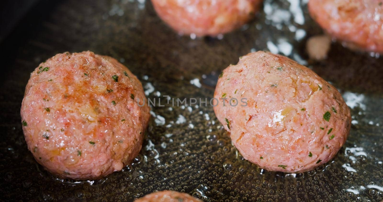 Tasty Meatballs Frying on Hot Pan Art Food, Gourmet Meal by RecCameraStock