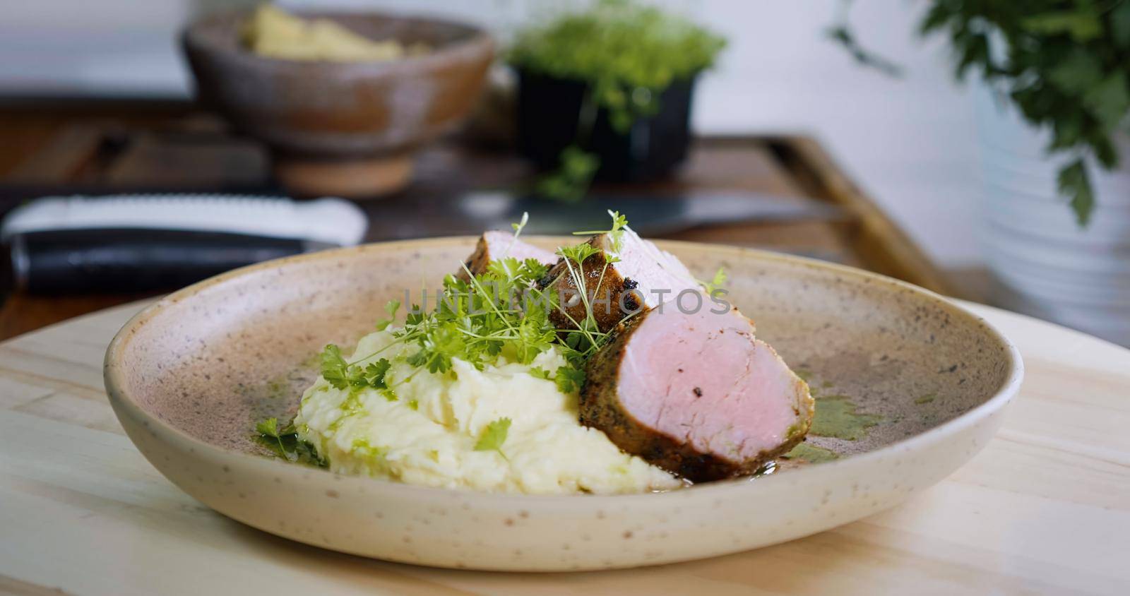 Pork Tenderloin Prepared for Serving - Art Food, Gourmet Meal Close Up. by RecCameraStock