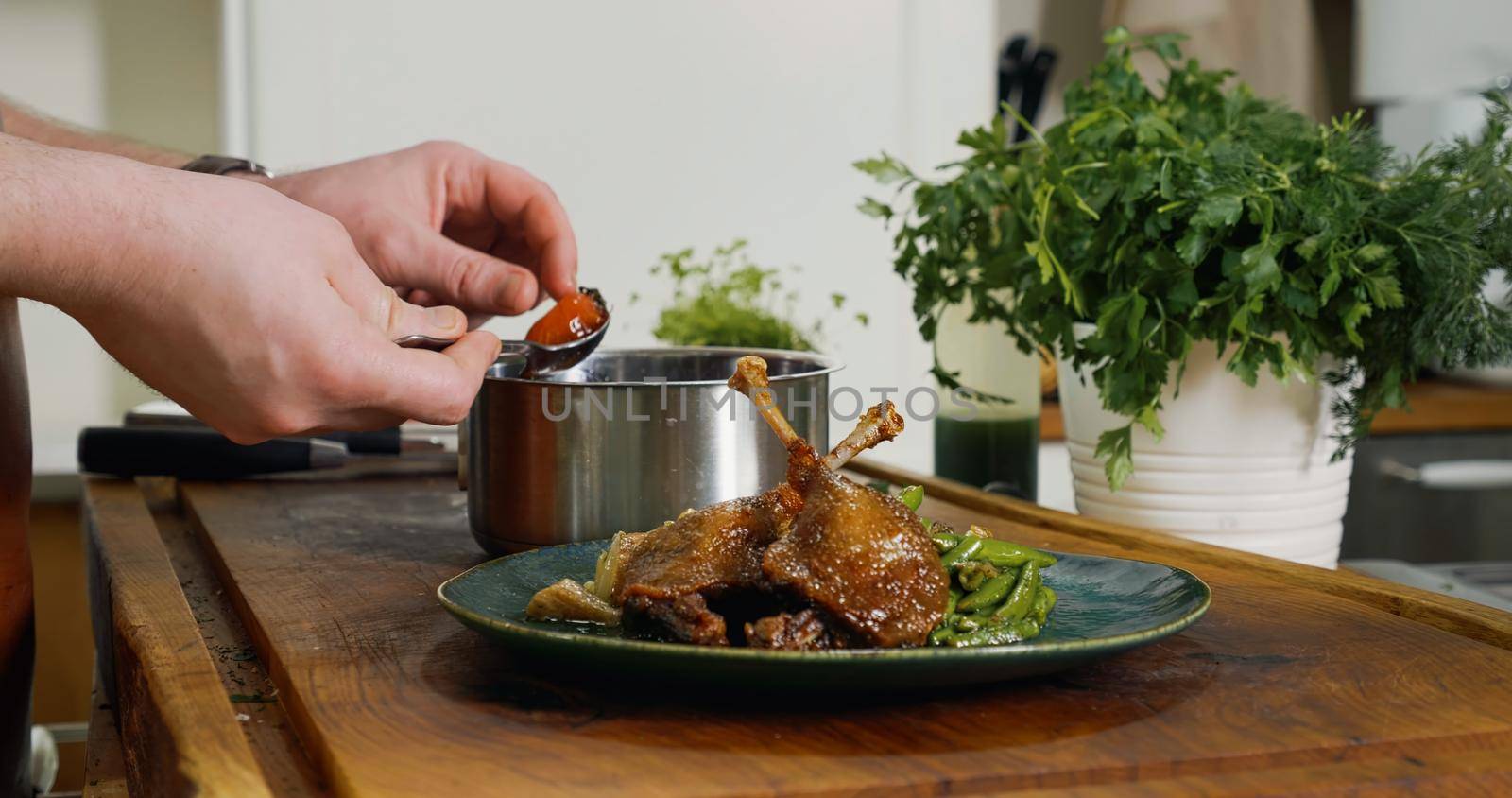 Appetizing Duck Meal Fried Tomato Decorated Close Up Details of Cooking.